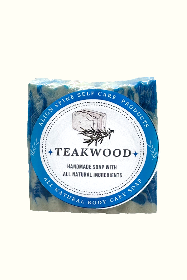 Handmade teakwood soap bar with a woodsy scent, made with cocoa butter, jojoba oil and rice bran oil