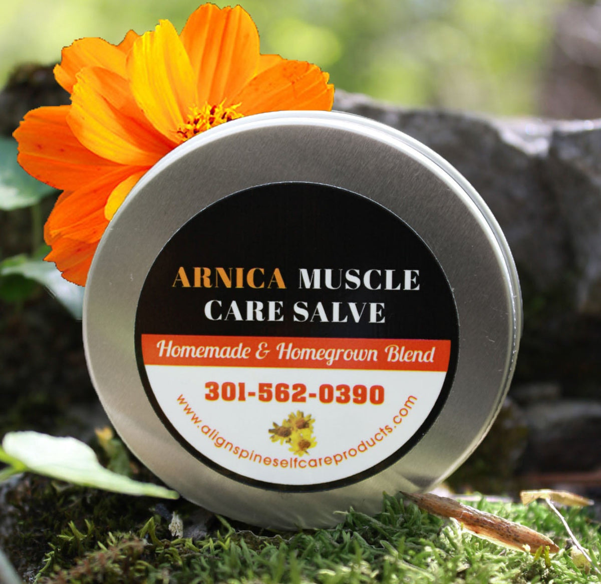 Arnica muscle care salve with Arnica, menthol, shea butter, organic beeswax, ginger, turmeric and herbal essential oils