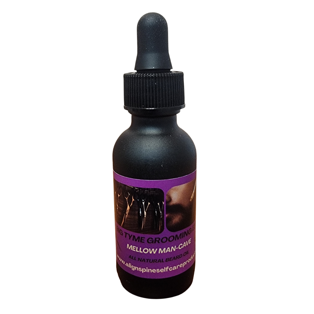 Big-Tyme Mellow Man-Cave beard oil for men, a non-greasy grooming elixir with sweet almond, jojoba and grapeseed oils