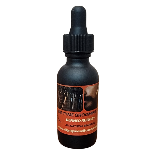 Big-Tyme Refined Rugged beard oil, a non-greasy grooming elixir made with sweet almond, jojoba and grapeseed oils