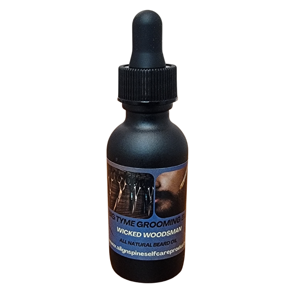 Big-Tyme Wicked Woodsman woodsy beard oil, a 1 oz non-greasy grooming elixir with sweet almond, jojoba and grapeseed oils