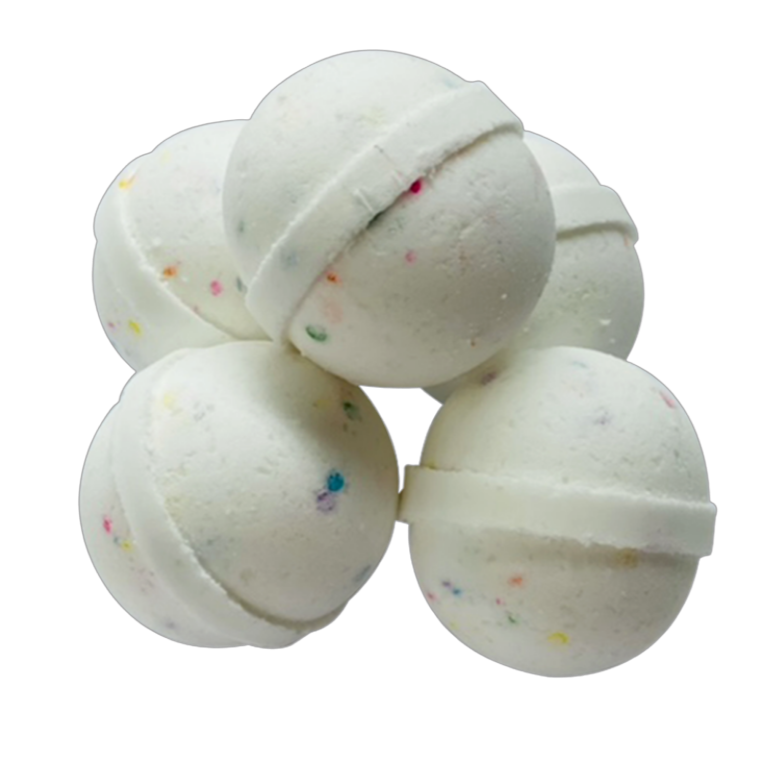 Birthday Remix birthday cake bath bomb, a vanilla cake scented bath bomb made with Epsom salt and coconut oil