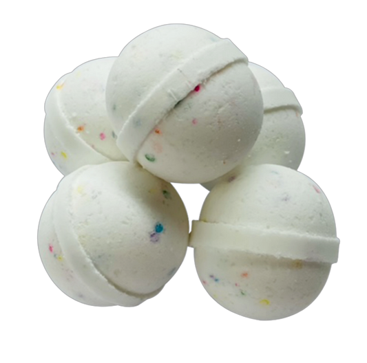 Birthday Remix birthday cake bath bomb, a vanilla cake scented bath bomb made with Epsom salt and coconut oil