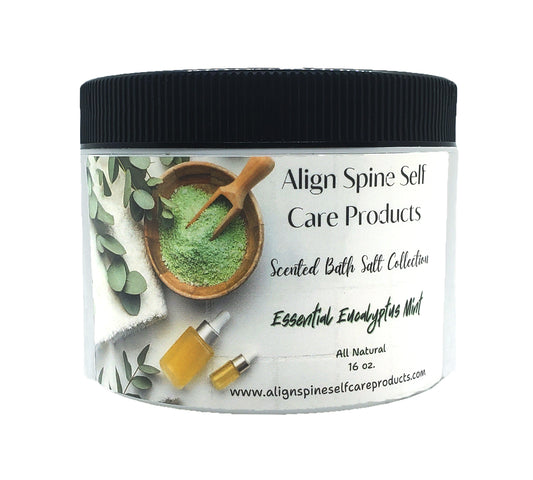 Eucalyptus mint bath salts collection with coarse Epsom and Dead Sea salts for a fragrant spa day self-care experience