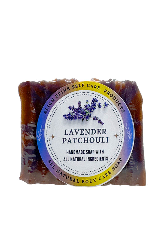 Handmade lavender patchouli soap bar made with shea butter, cocoa butter and rice bran oil