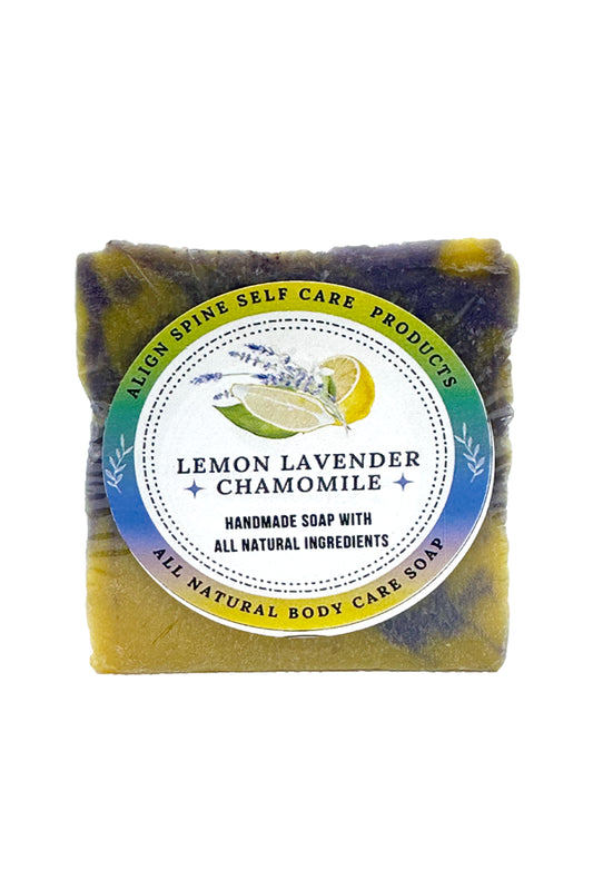 Handmade lemon lavender chamomile soap bar made with shea butter, cocoa butter and rice bran oil