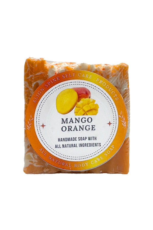 Handmade mango orange soap bar with jojoba beads, made with shea butter, cocoa butter and rice bran oil