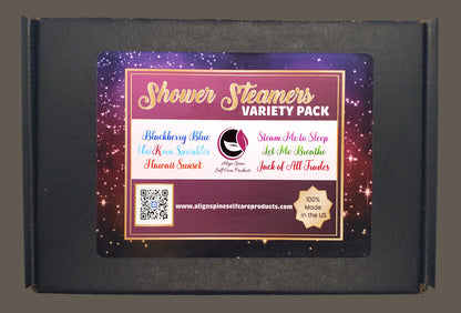 Handmade shower steamer variety pack with six scents including Blackberry Blue, Hawaii Sunset and Let Me Breathe