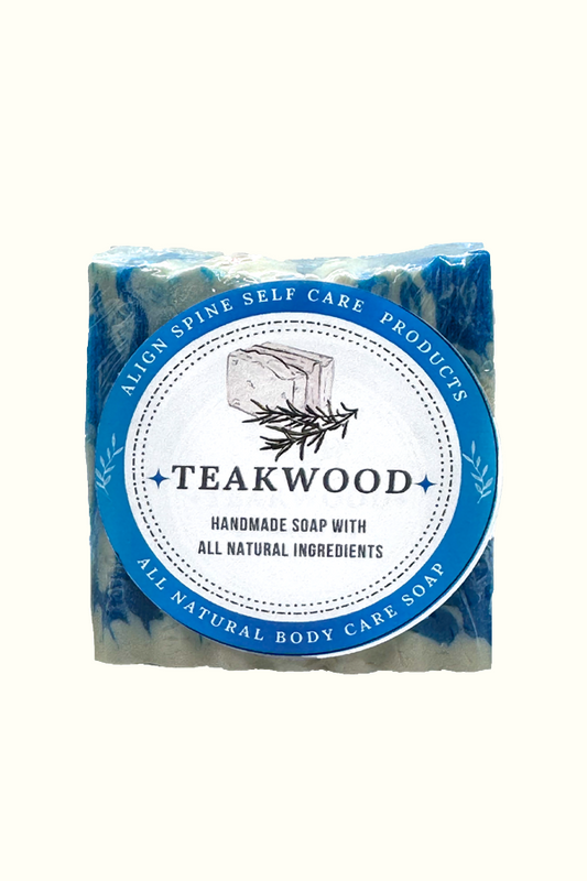 Handmade teakwood soap bar with a woodsy scent, made with cocoa butter, jojoba oil and rice bran oil