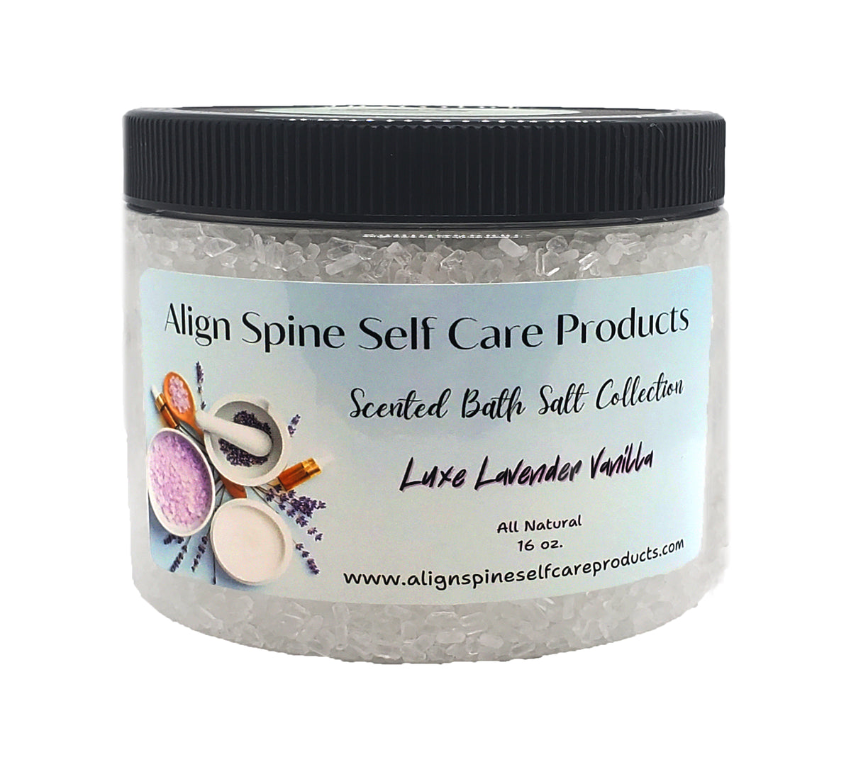 Lavender vanilla bath salts collection with coarse Epsom salt and Dead Sea salt for a scented spa day self-care bath
