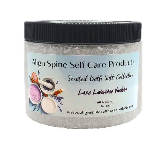Lavender vanilla bath salts collection with coarse Epsom salt and Dead Sea salt for a scented spa day self-care bath