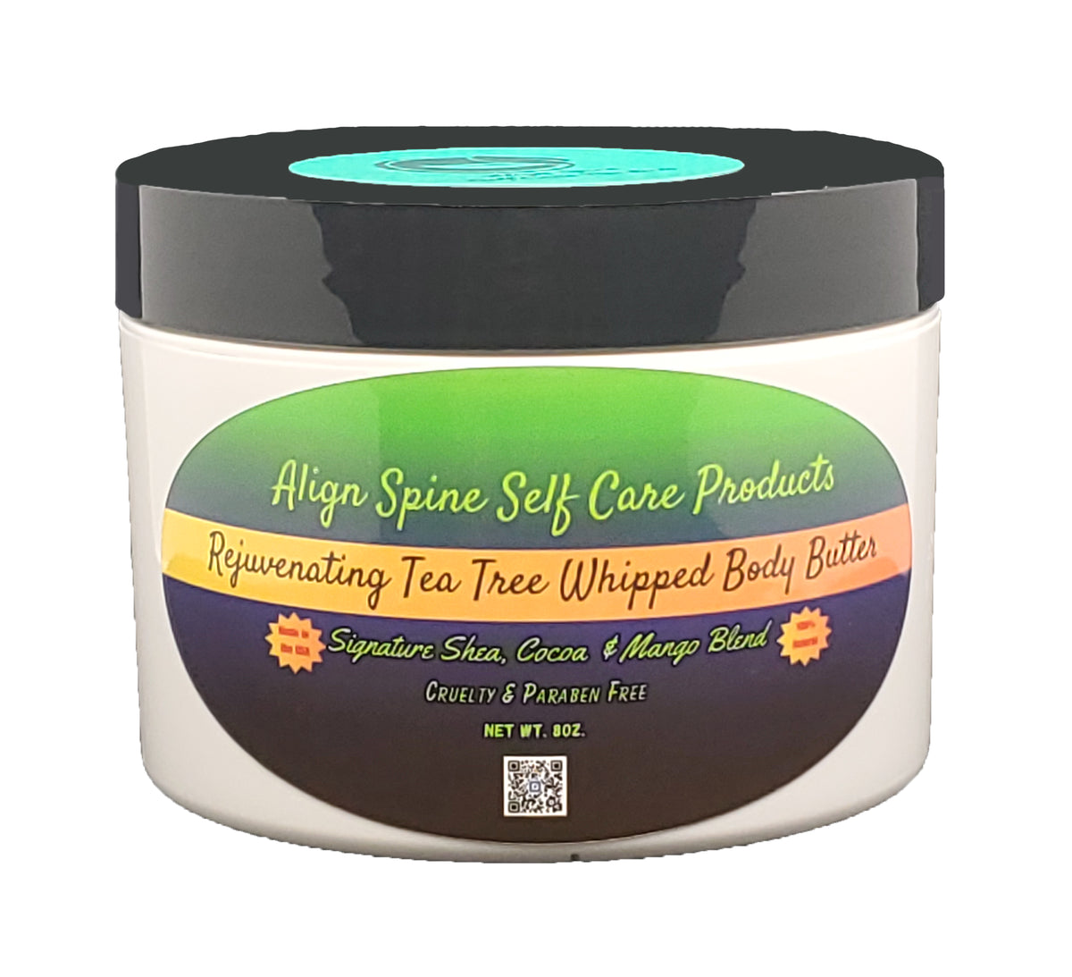 Rejuvenating Tea Tree whipped body butter, a creamy handmade moisturizer with shea, cocoa and mango butter