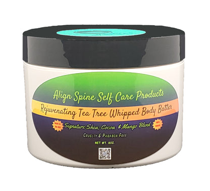 Rejuvenating Tea Tree whipped body butter, a creamy handmade moisturizer with shea, cocoa and mango butter