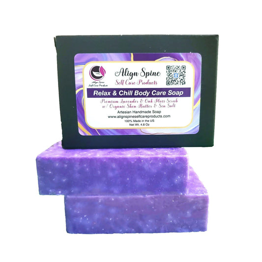 Relax and Chill body care soap with oak moss fragrance, lavender blend essential oils and sea salt exfoliant