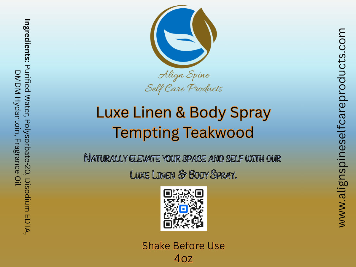Tempting Teakwood 4 oz linen and body spray, a unisex teakwood body spray with amber, bergamot and jasmine notes