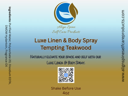 Tempting Teakwood 4 oz linen and body spray, a unisex teakwood body spray with amber, bergamot and jasmine notes
