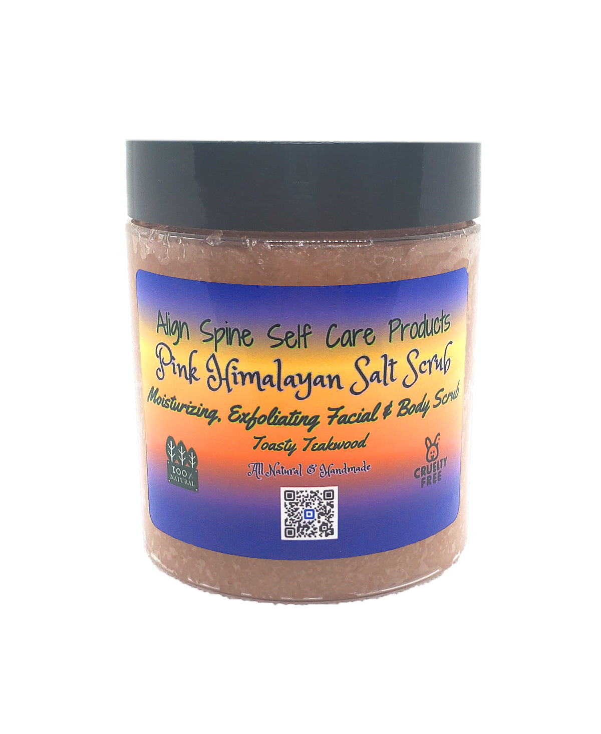 Toasty Teakwood salt scrub, an 8 oz handmade pink himalayan exfoliating scrub with shea butter and sweet almond oil