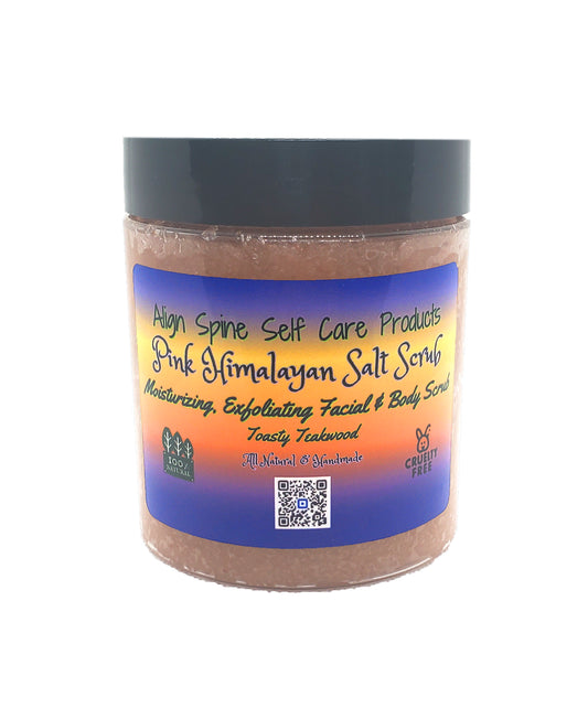 Toasty Teakwood salt scrub, an 8 oz handmade pink himalayan exfoliating scrub with shea butter and sweet almond oil