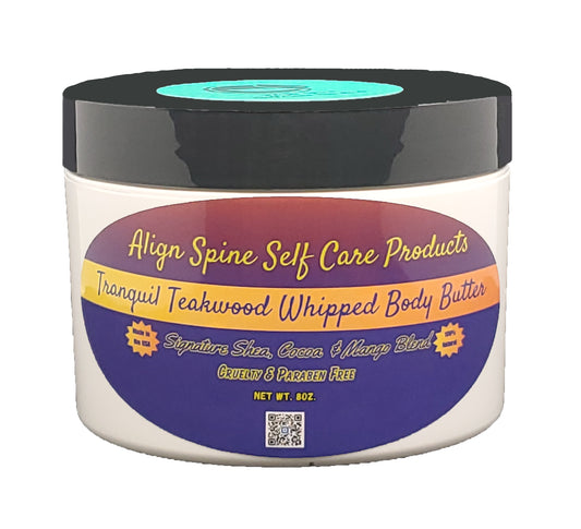 Tranquil Teakwood whipped body butter, a creamy handmade teakwood body butter with shea, cocoa and mango butter