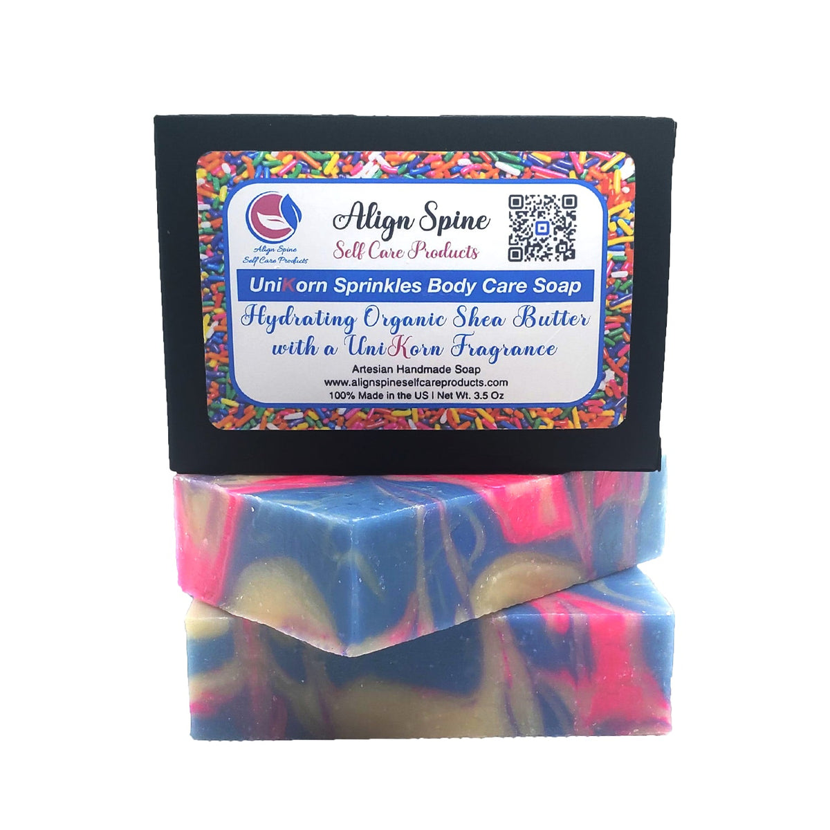Unicorn Sprinkles body care soap, a colorful fruity handmade cold-process bar with shea butter and nourishing oils