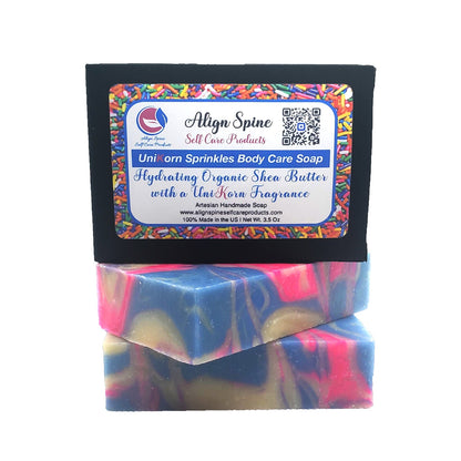 Unicorn Sprinkles body care soap, a colorful fruity handmade cold-process bar with shea butter and nourishing oils